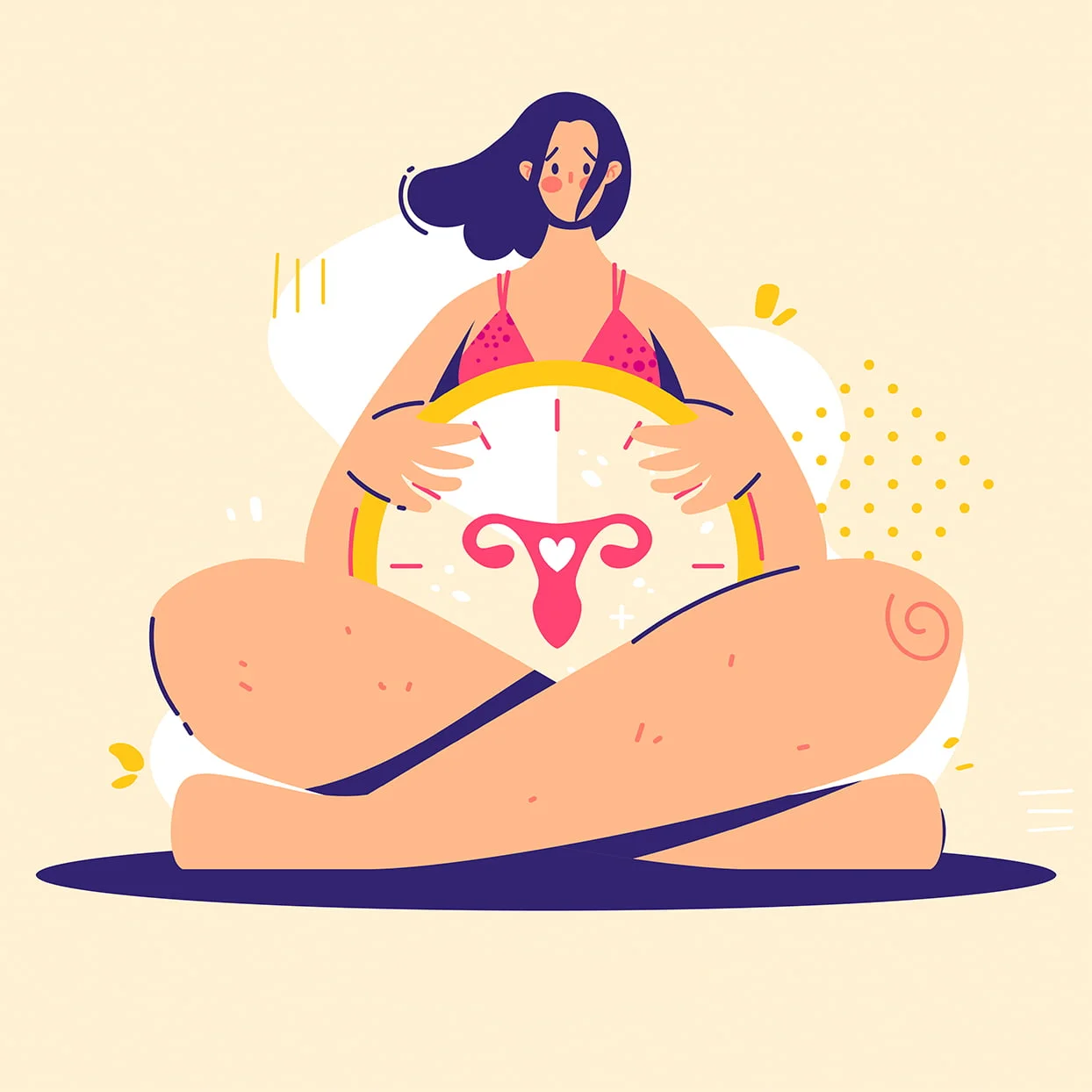 Menopause concept. Woman holds clock with female genital organs silhouette. Sign menopause.